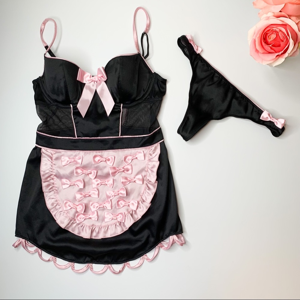 RARE Y2K Victoria’s Secret Black & Pink French Maid Lingerie Satin Set 34B